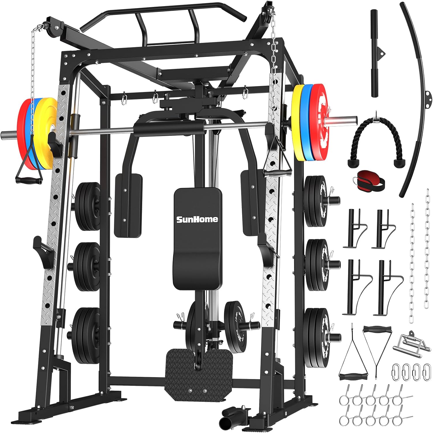 Lat Pulldown Cable - โครงสร้างฝึกความแข็งแรงแบบสมิธ, แร็คสควอท 2000 ปอนด์ พร้อมบาร์สมิธ, ระบบดึงลงด้านหลัง