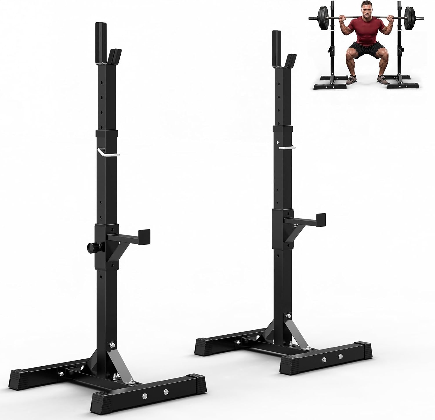 Home Gym Portable - ขาตั้งสำหรับชุดอุปกรณ์สควอทแบบปรับได้ เหมาะสำหรับใช้ในยิมส่วนตัว – ขาตั้งสำหรับบาร์เบลและเครื่องยกน้ำหนักแบบเบนช์ แข็งแรงทนทาน พร้อมที่เก็บดัมเบลแบบพกพา