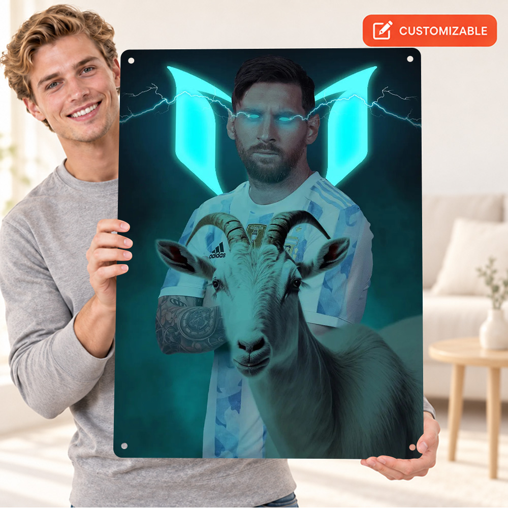 Home Gym Neon Sign - โปสเตอร์พิมพ์ลายฟุตบอล ลิโอเนล เมสซี พร้อมเงา GOAT ป้ายโลหะสั่งทำพิเศษ