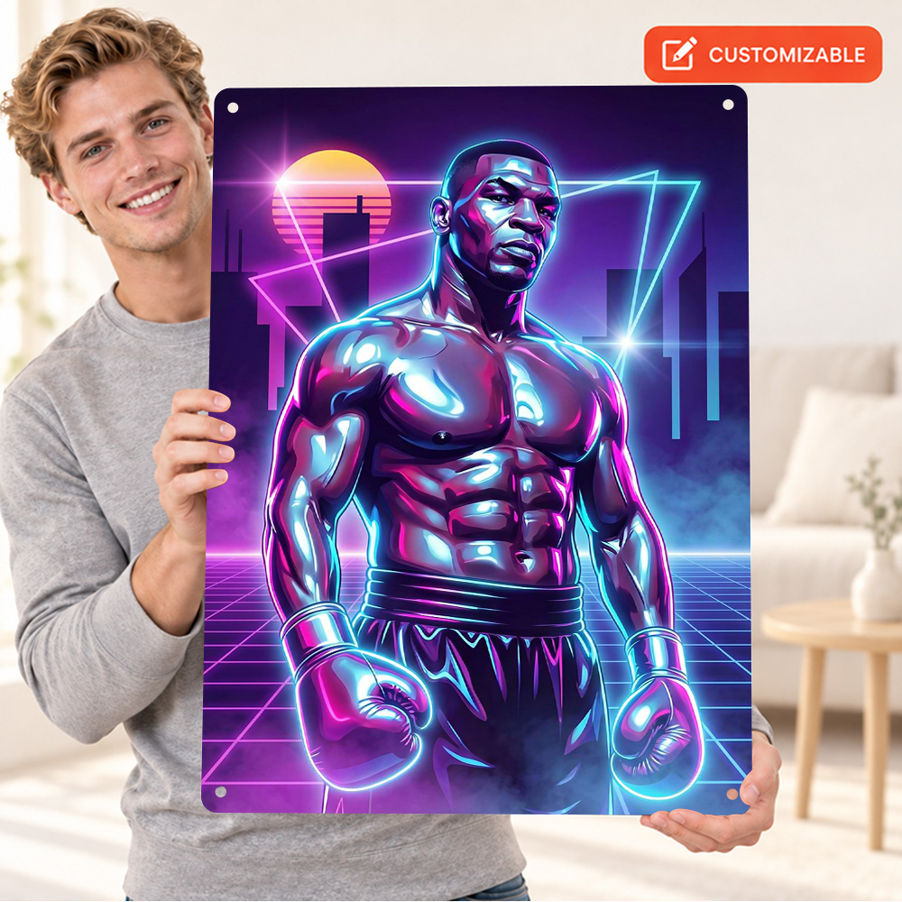 Home Gym Neon Sign - โปสเตอร์โลหะลายมวยไมค์ ไทสัน ป้ายอลูมิเนียมสั่งทำพิเศษ ภาพประกอบนีออนสไตล์เรโทร ศิลปะติดผนัง สำหรับห้องยิมที่บ้าน